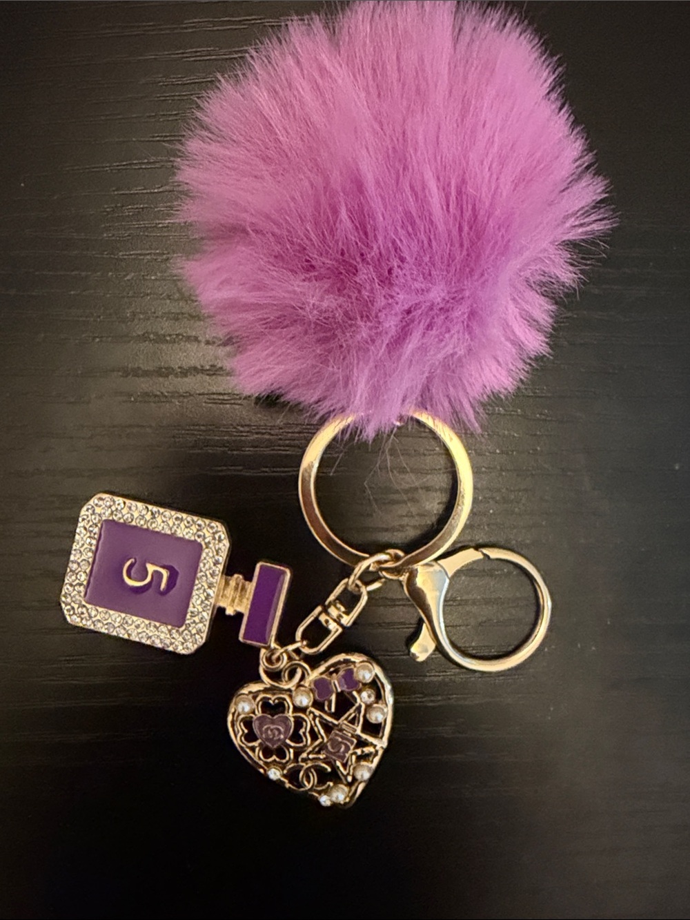 Inspired Purple Pom-Pom Key & Card Holder with Heart and Crystal Accents